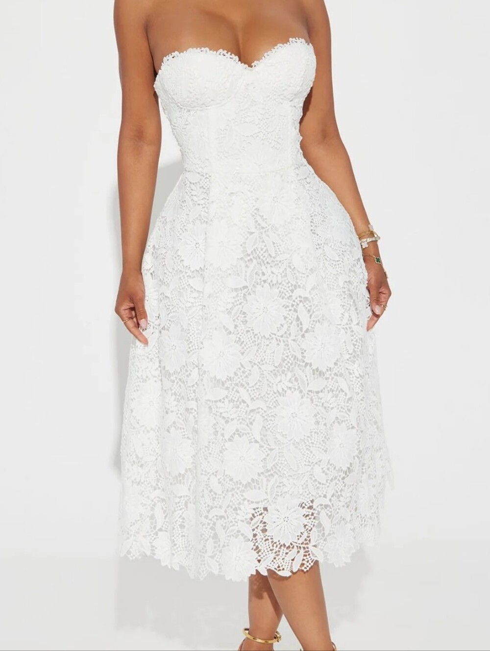 Fashion Nova Strapless White Lace Midi Dress